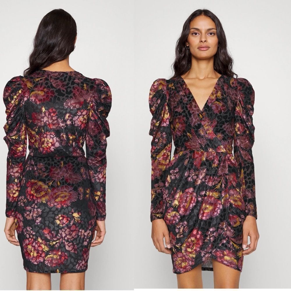 NEW Ted Baker London JAYN DEVORE Black Floral Velvet Faux Wrap Mini Dress 8